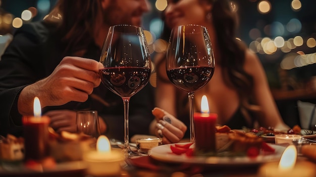 Un couple romantique dans un restaurant avec des bougies et des verres à vin