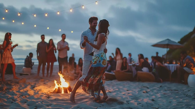 Un couple romantique danse sur la plage au coucher du soleil. Il y a un feu de joie et un groupe de gens fait la fête en arrière-plan.