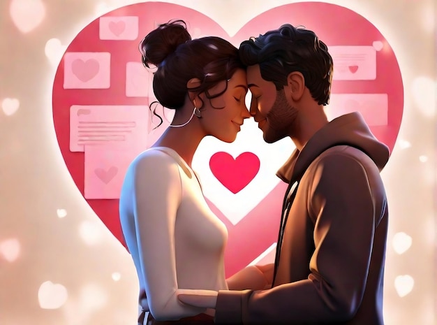 Un couple romantique devant une forme d'amour arrière-plan de l'art numérique futuriste