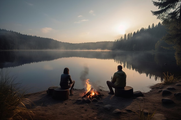 Un couple romantique est assis devant un feu de camp avec vue sur le lac et la montagne générative ai
