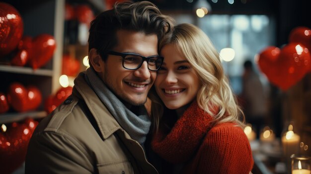 Un couple romantique fête la Saint-Valentin avec des ballons en forme de cœur en arrière-plan