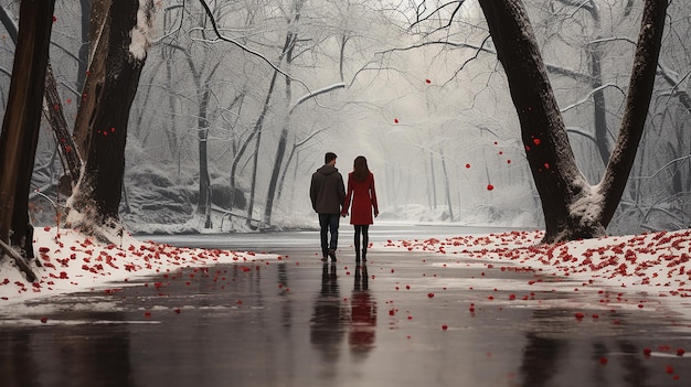 Couple romantique d'hiver marchant main dans la main à travers les chutes de neige
