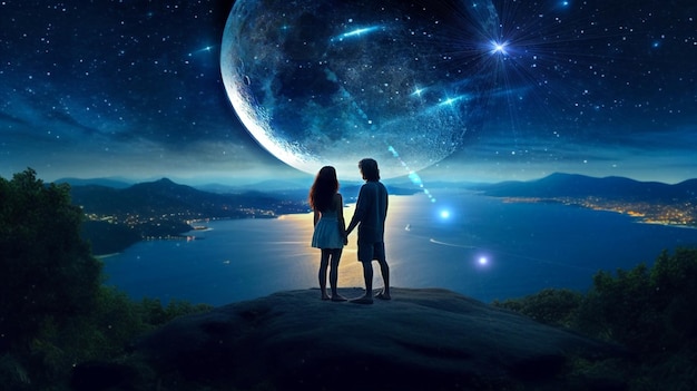 couple romantique homme et jeune femme rester sur terre et regarder ciel étoilé lune planète surréalisme