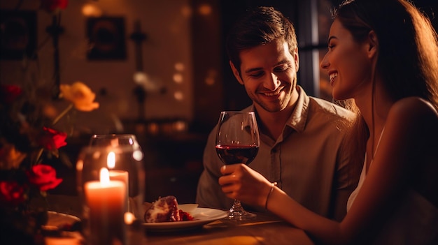 Couple romantique partageant un moment autour d'un dîner avec les lumières de la ville en toile de fond