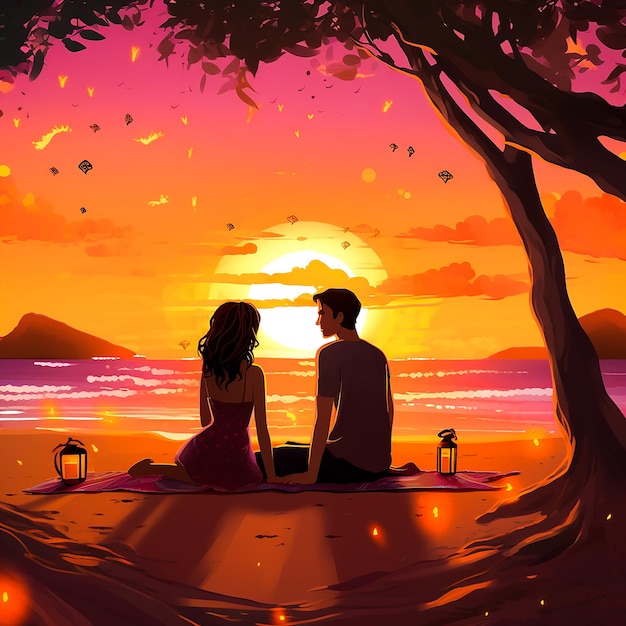 Un couple romantique sur la plage au coucher du soleil Un équipement de jeu vidéo futuriste Une boîte de nuit générant de l'intelligence artificielle