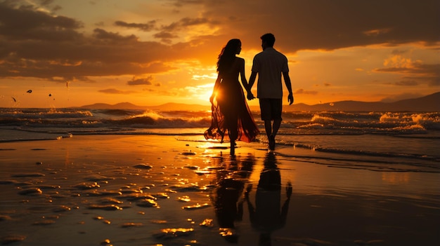 Un couple romantique sur la plage au lever du soleil