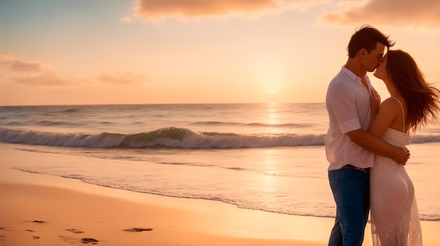 Photo couple romantique sur la plage dans la lumière du soir