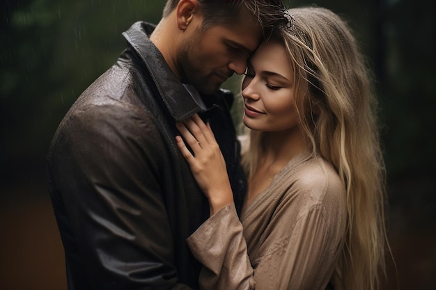 Couple romantique s'embrassant sous la pluie Generative AI