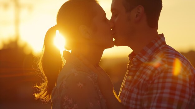 Un couple romantique s'embrasse au coucher du soleil Un petit ami et une petite amie amoureux à un rendez-vous en plein air