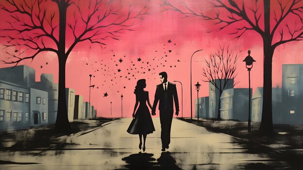 Un couple romantique se tenant la main dans une belle peinture