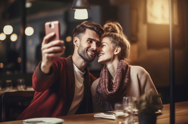 Couple romantique smartphone selfie Intérieur moderne Générer Ai