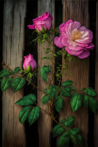 Couple de roses roses assis au sommet d'une clôture en bois ai générative