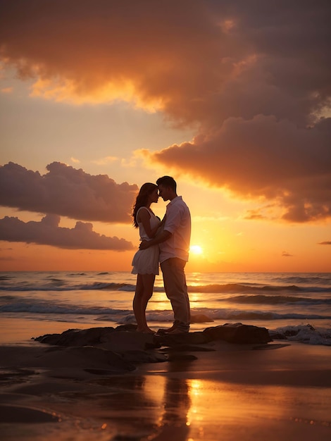 Couple rumant sur la plage au coucher du soleil