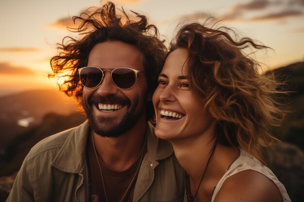 Un couple s'amusant et s'embrassant dans la lueur du coucher de soleil la meilleure image d'été