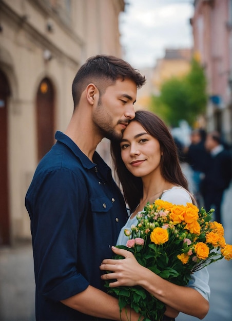 Photo un couple s'embrase et s'embrasse dans la rue