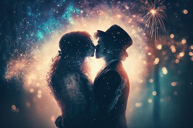 Couple s'embrassant au feu d'artifice du nouvel an. Personne inexistante dans l'illustration numérique de l'IA générative