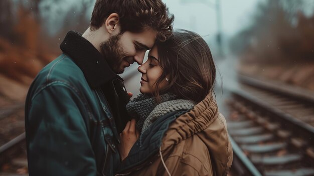 Un couple s'embrassant sur le chemin de fer