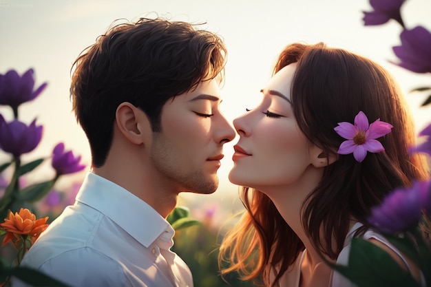 Un couple s'embrassant dans un champ de fleurs