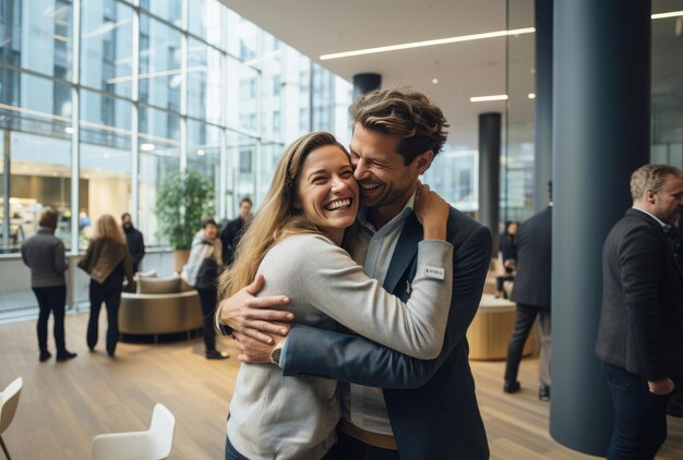 Un couple s'embrassant dans le hall d'un hôtel