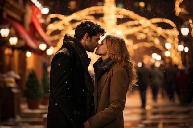 couple s'embrassant dans la rue de la ville de Noël la nuit avec des chutes de neige