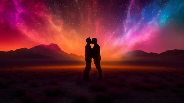 Un couple s'embrassant devant un ciel coloré avec des étoiles et les mots amour dessus