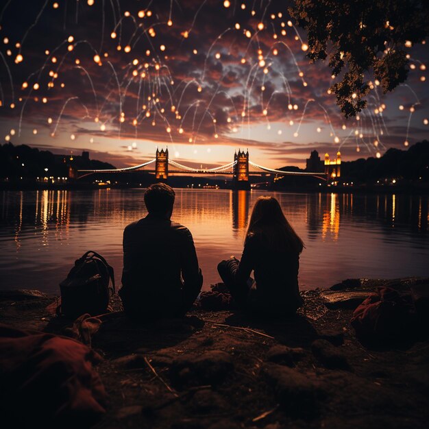 Photo couple s'embrassant devant un feu d'artifice éblouissant