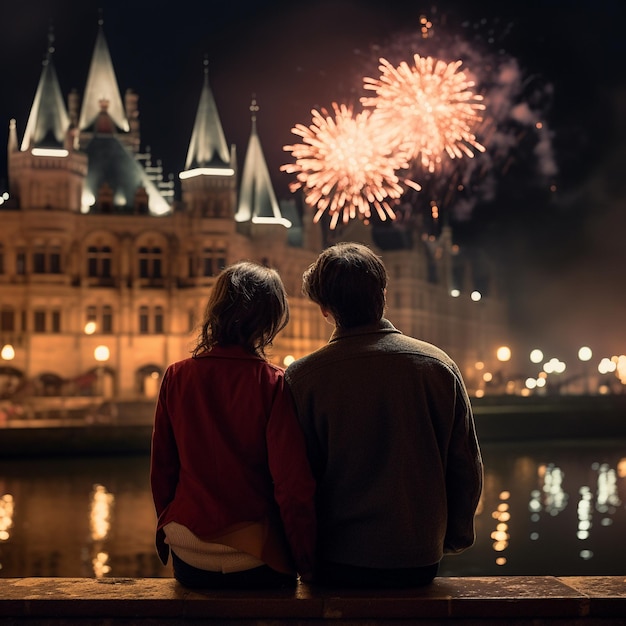 un couple s'embrassant devant un spectacle de feux d'artifice éblouissant