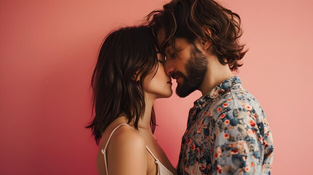 couple s'embrassant fond rose copie de l'espace concept de la journée de la Saint-Valentin