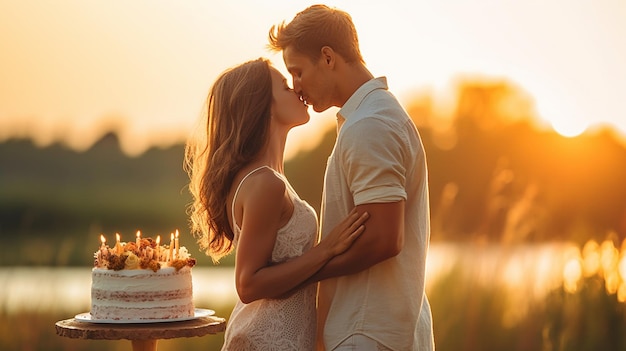 Un couple s'embrassant avec un gâteau sur une table