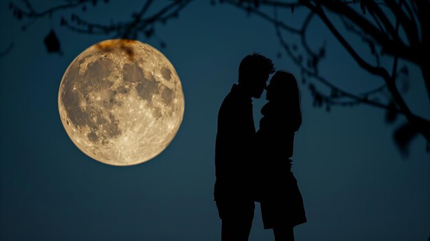 Un couple s'embrassant la nuit sous la pleine lune