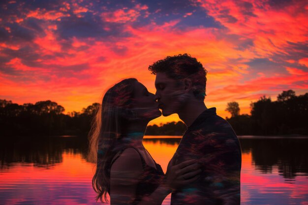 Un couple s'embrassant recouvert d'un coucher de soleil vibrant sur un lac