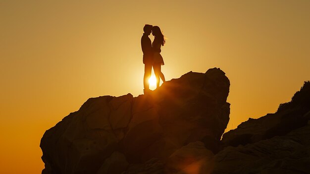 un couple s'embrassant sur un rocher avec le soleil derrière eux