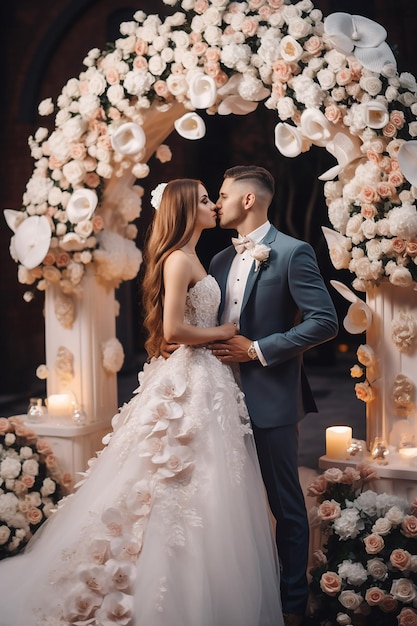 Un couple s'embrassant sous une arche de mariage