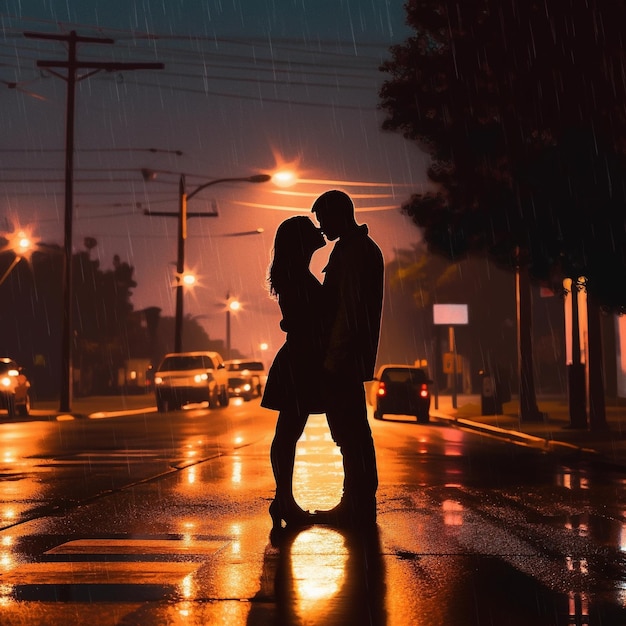 Un couple s'embrassant sous la pluie la nuit