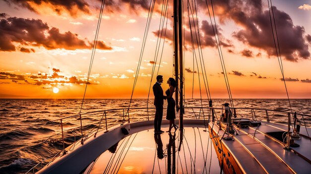 Photo un couple s'embrasse sur un bateau au coucher du soleil