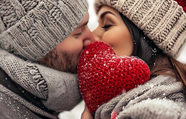 Un couple s'embrasse sur le cœur rouge de l'amour des vacances