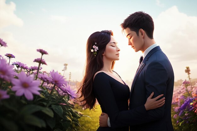 Un couple s'embrasse dans un champ de fleurs.