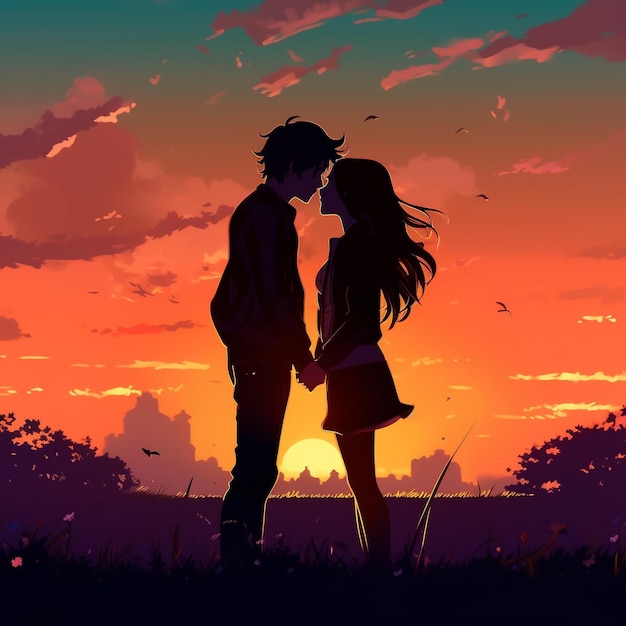 Un couple s'embrasse dans un champ avec le soleil derrière eux