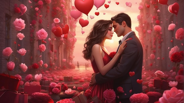 Un couple s'embrasse dans la zone de la fête de la Saint-Valentin avec des cœurs dessinés en arrière-plan