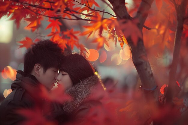 Un couple s'embrasse devant un arbre aux feuilles rouges.