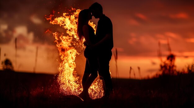 Un couple s'embrasse devant un feu.