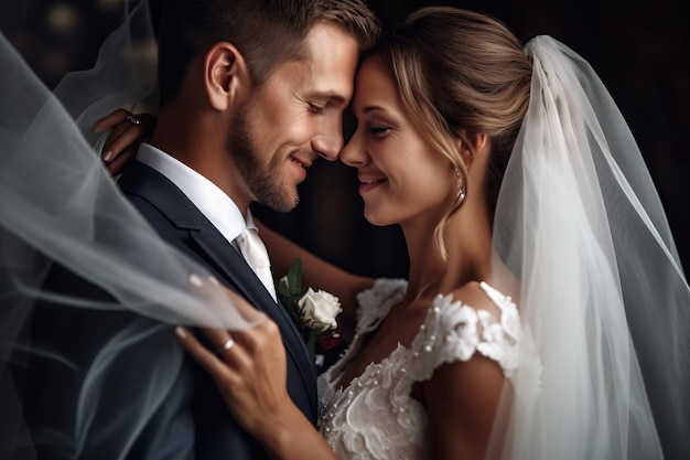 Un couple s'embrasse devant un fond noir.