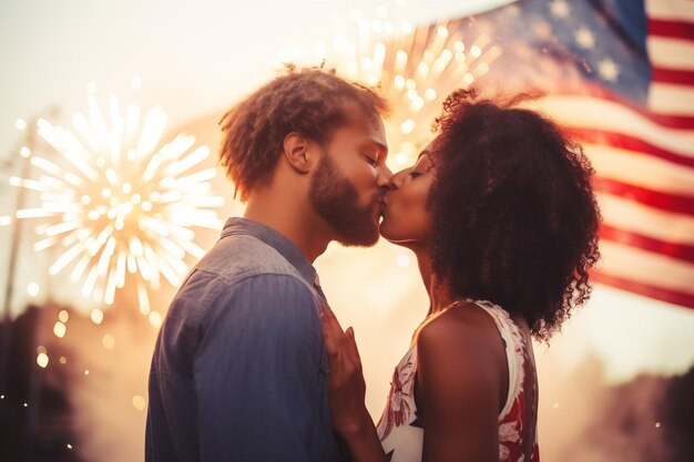 Un couple s'embrasse sur le fond du drapeau américain. Célébrez le 4 juillet.