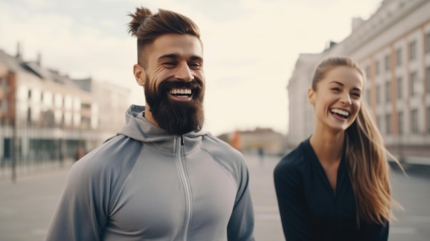 Un couple s'étirant à l'extérieur avant la course du matin. Un bel homme barbu et une belle femme sportive courent dans la rue.