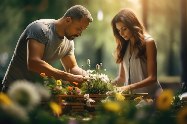 Couple s'occupe des fleurs dans le jardin Homme et femme travaillant ensemble à l'extérieur