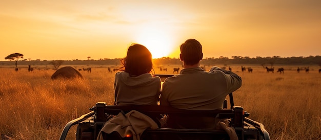 un couple en safari assis la faune dans le coucher de soleil d'arrière-plan