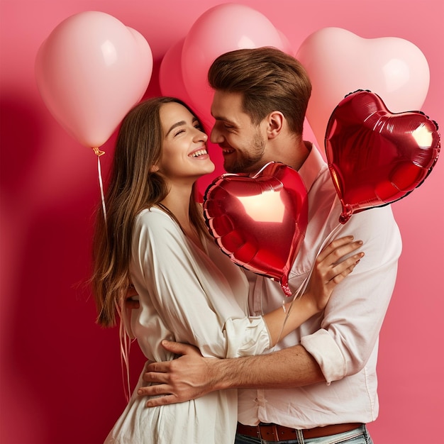 Un couple de la Saint-Valentin avec des ballons de cœur un couple adorable