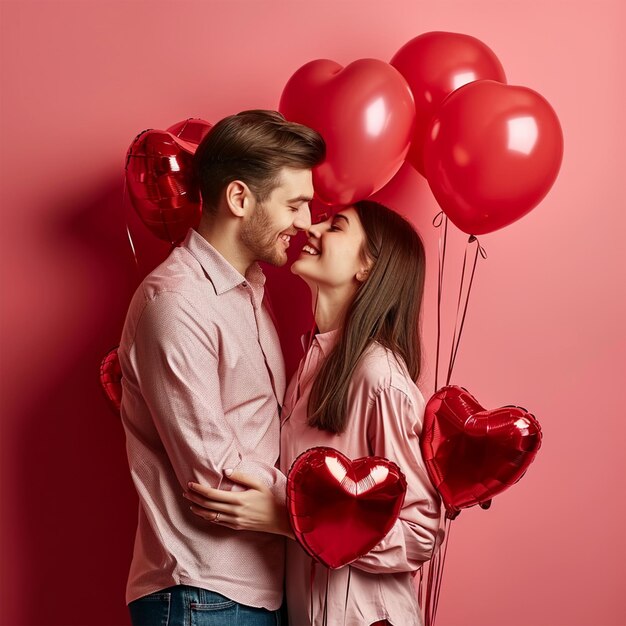 Un couple de la Saint-Valentin avec des ballons de cœur un couple adorable