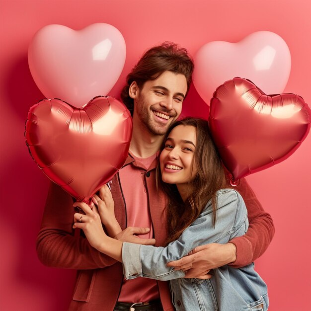 Un couple de la Saint-Valentin avec des ballons de cœur un couple adorable