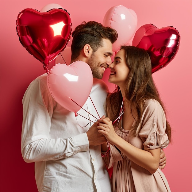 Un couple de la Saint-Valentin avec des ballons de cœur un couple adorable